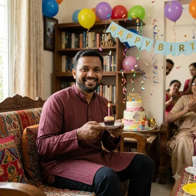 Husband holding birthday cake at a family celebration